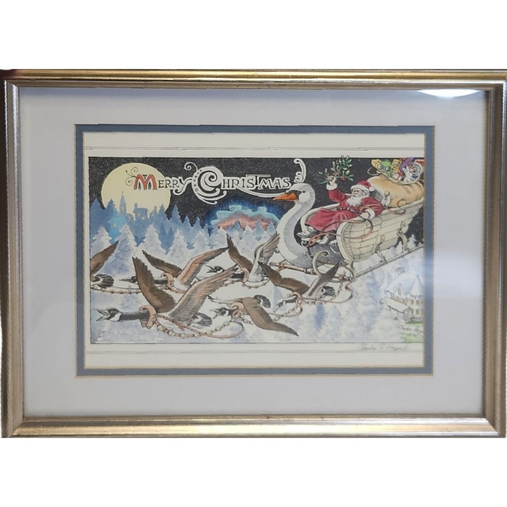 Flying Rabbit Merry Christmas Print Signed by Charles Hazard Matted Silver Frame